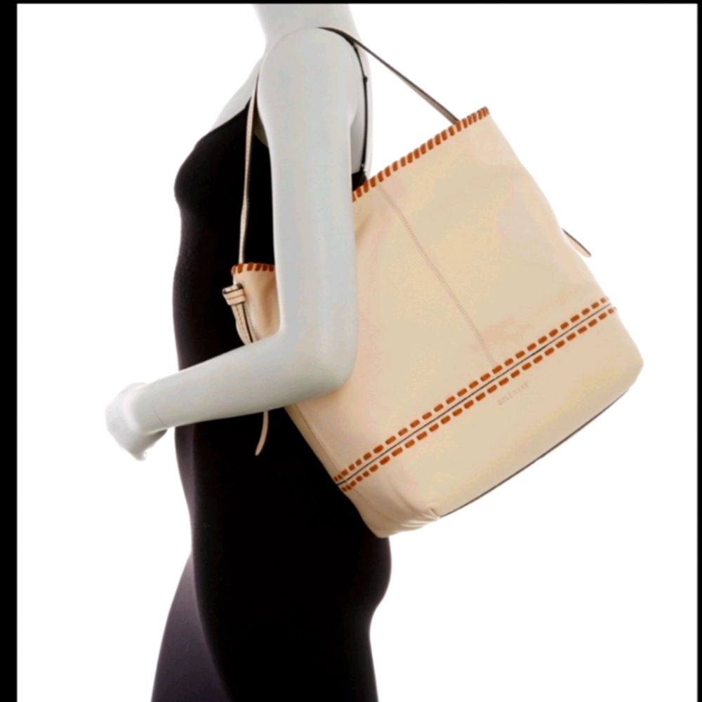 Cream Leather Shoulder Tote with Brown Accent Stitching